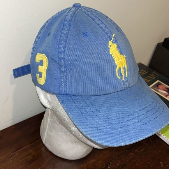 Polo Ralph Lauren Big Embroidered #3 w/ Pony Blue Yellow Chino Baseball Cap Hat - Picture 3 of 5